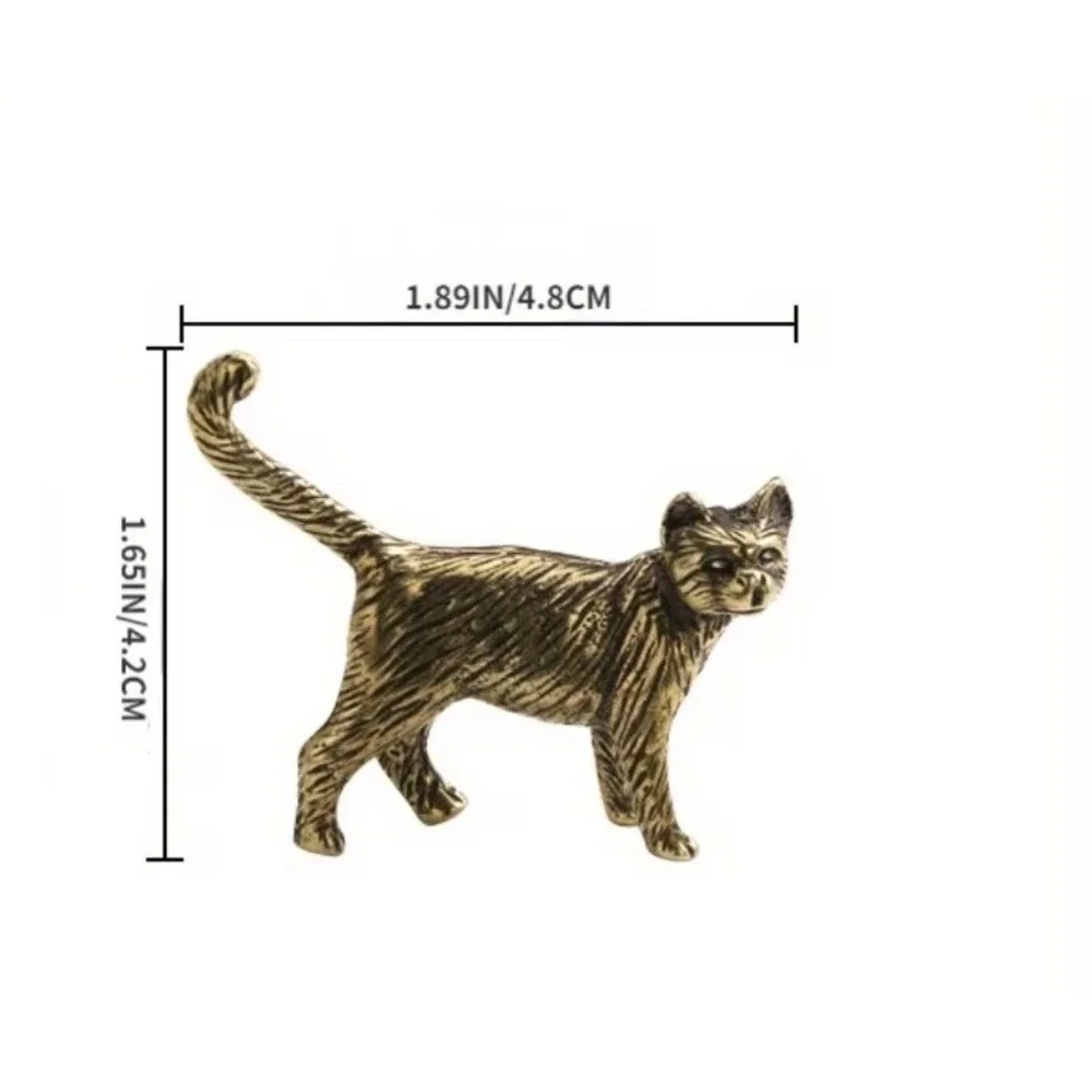 BG9-Miniature brass metal cat standing tail up feline figurine